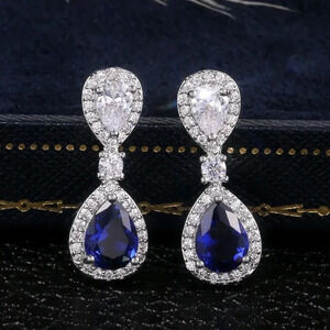 💥Noble Water Drop Royal Blue And White Pear Zircon Stud Earrings,UNVN12417